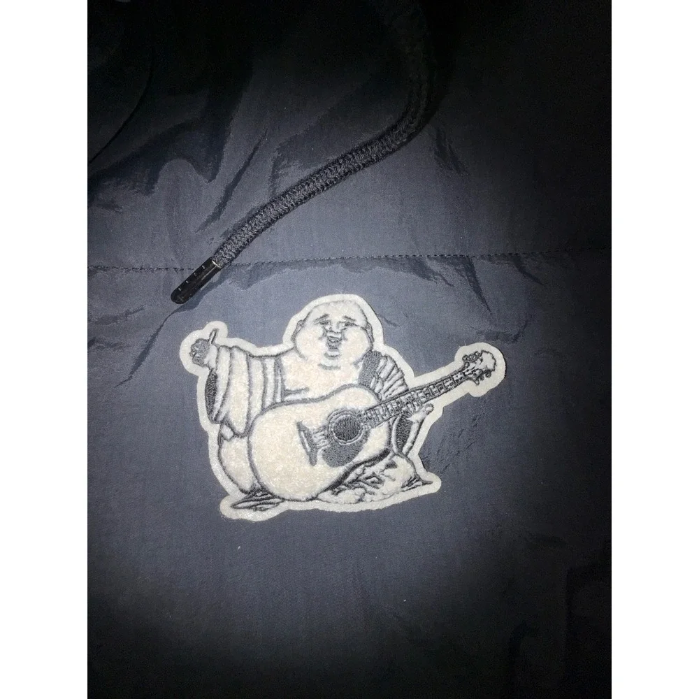 True Religion World Tour Puffer Varsity Jacket Hooded Navy Grey Mens Y2K XL‎
